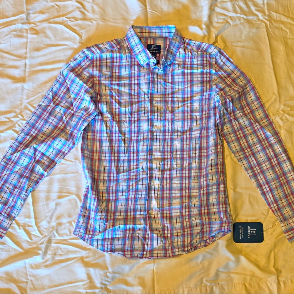 George Classic Fit Plaid Button-Down Dress Shirt Long Sleeve S 34/35 Blue #62